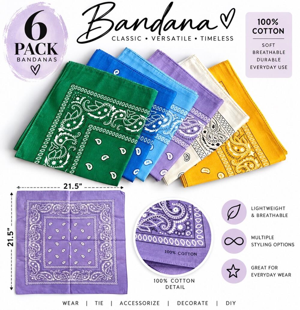 6-Pack Cotton Bandanas 21.5" Paisley Multicolor Hair Scarf Head Wrap NWOT